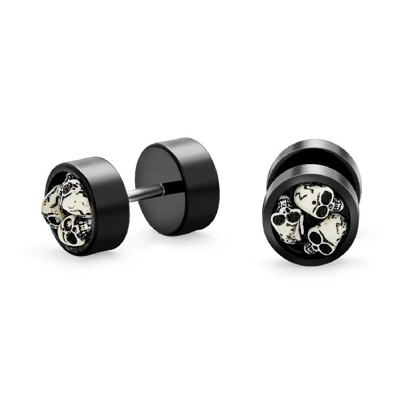 Biker Goth Skulls Black Cheater Faux Plugs Earring Stainless Steel