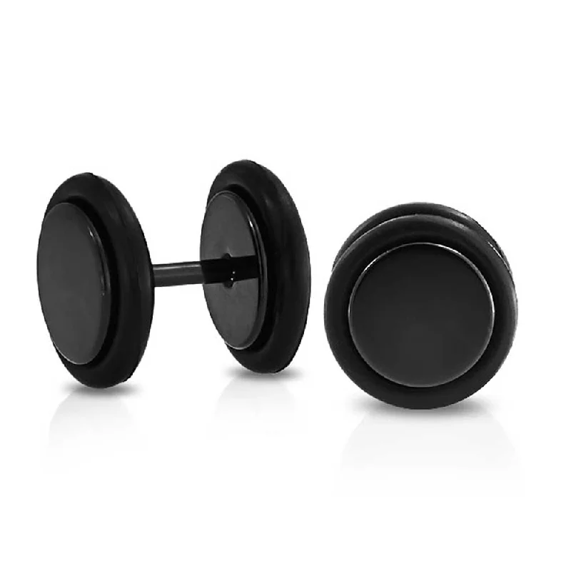 Black Bar Bell Round Illusion Faux Ear Plug Earrings Stainless Steel