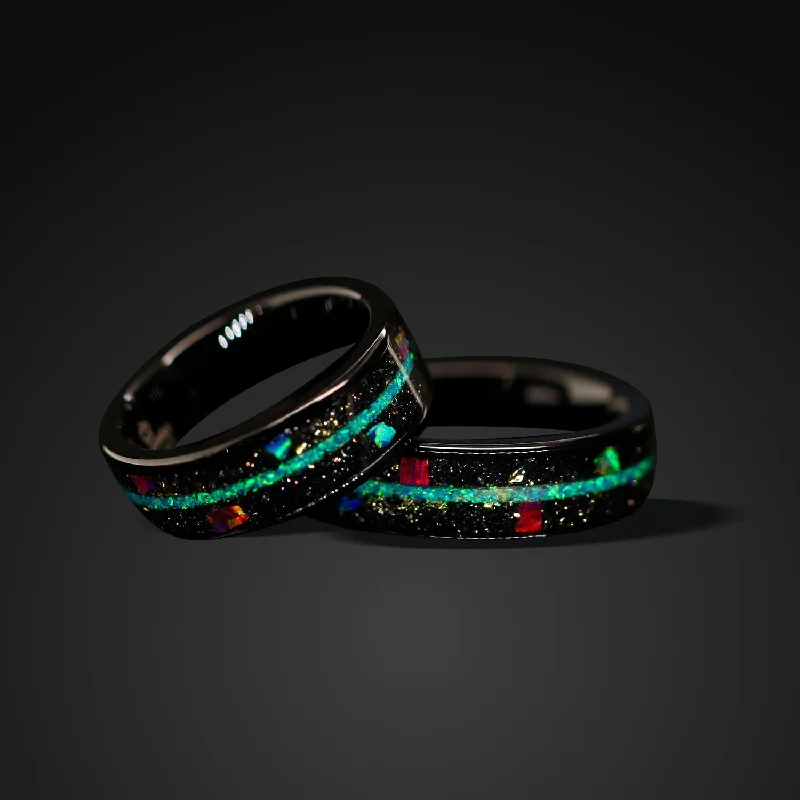 "Galaxy" Opal Ring Gold Foil  Band Black Stainless Steel Ring