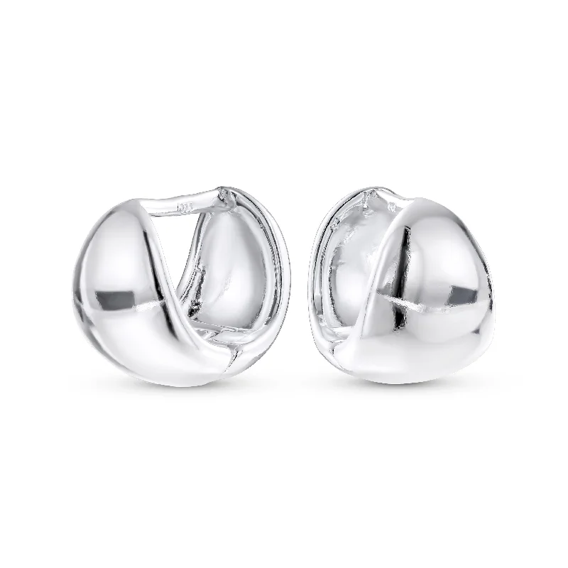 Modern Geometric Round Contoured Huggie Hoop Earrings.925 Sterling Silver