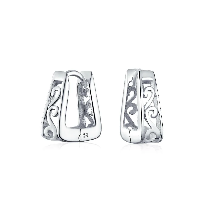 Square Pyramid Scroll Swirl Kpop Hoop Earrings Hoop Sterling Silver