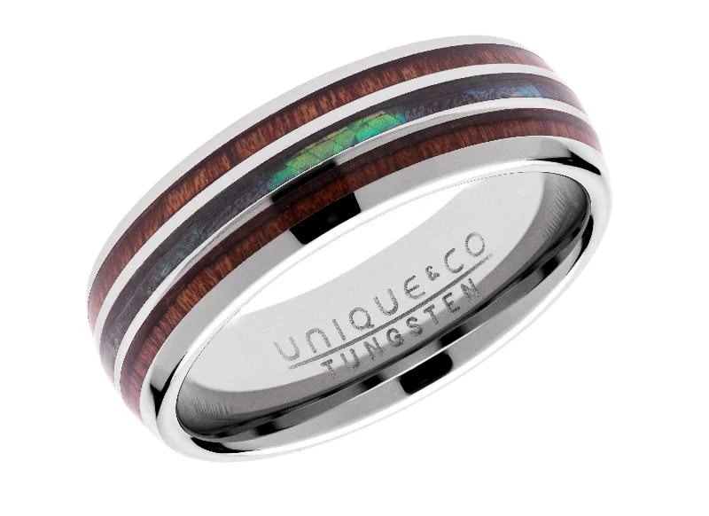 Unique & Co 7mm Tungsten Carbide Ring with Abalone Shell and Wood