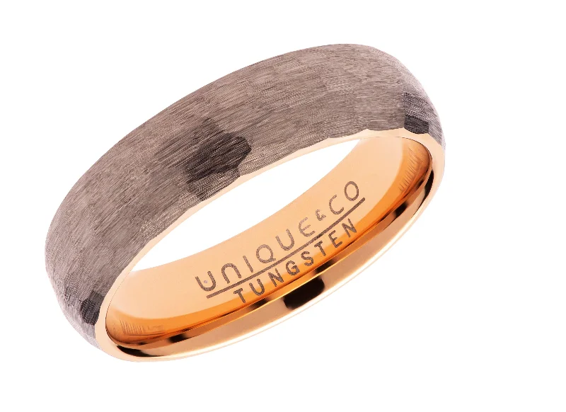 Unique & Co 6mm Hammered Tungsten Carbide Ring with Rose IP Plating