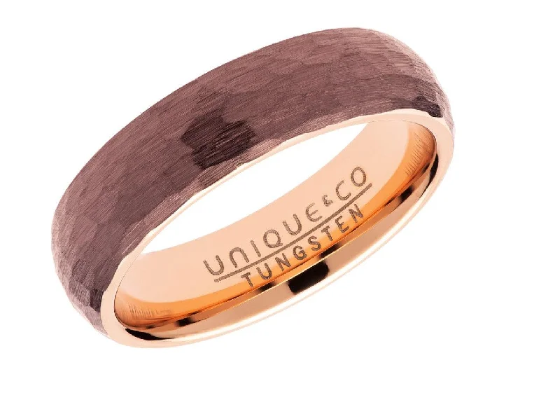 Unique & Co 6mm Hammered Tungsten Carbide Ring with Brown and Rose IP Plating