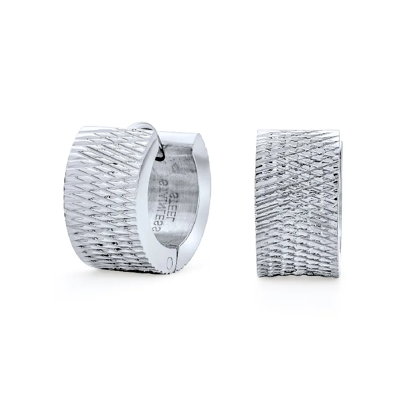 Unisex Wide Carved Grid Pattern Mini Hoop Huggie Earrings Stainless Steel