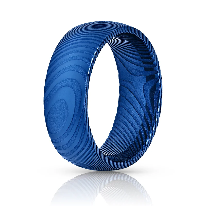 Wood Grain Damascus Steel Ring - Blue Minimalist